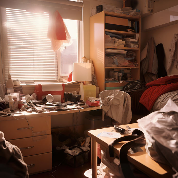 A messy dorm room with cluttered surfaces